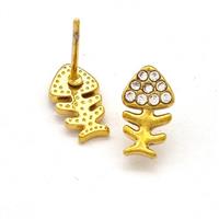 Stainless Steel Fishbone Stud Earrings Pave Rhinestone Gold Plated, approx 6-10mm