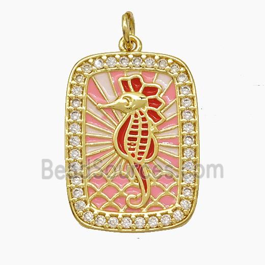 Copper Tarot Card Pendant Pave Zirconia Seahorse Red Enamel Gold Plated
