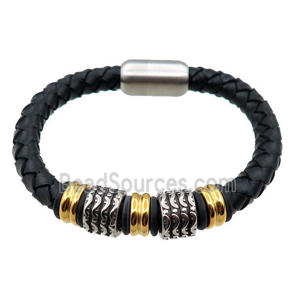 PU leather bracelet with magnetic clasp, stainless steel beads