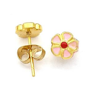 Stainless Steel Flower Stud Earring Pink Enamel Gold Plated, approx 6.5mm