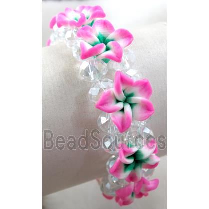 Fimo clay bracelet with crystal glass, stretchy, hot-pink