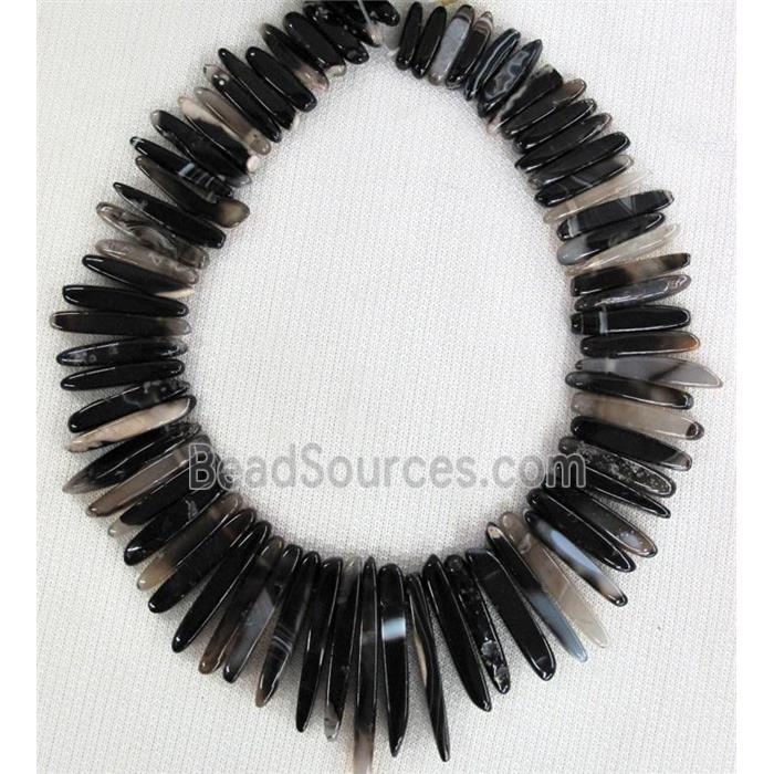 black agate stone bead for necklace, stick, top-drilled