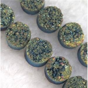 druzy quartz bead, flat round, green electroplated, approx 10mm dia, 20pcs per st