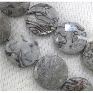 grey picture jasper beads, faceted flat-round, approx 16mm dia