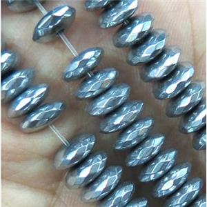 faceted Hematite disc heishi bead, silver electroplated, approx 3x8mm