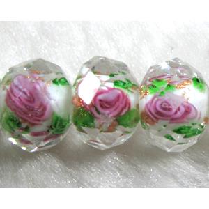 Lampwork Glass bead, faceted wheel, flower, white, 8x10mm