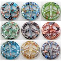 glass lampwork pendant with silver foil, peace sign, mixed color, 45mm dia