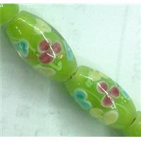 glass lampwork beads, barrel, flower, green, 10x19mm, hole:2mm