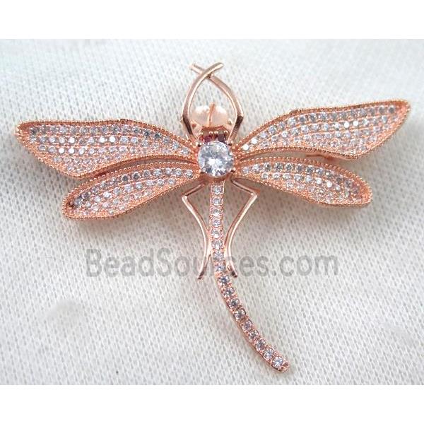 copper dragonfly brooch paved zircon, rose gold