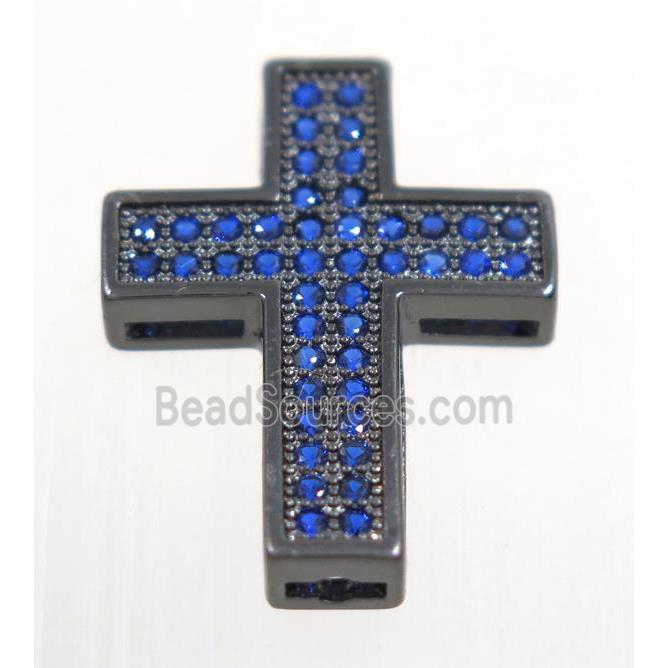 copper Cross beads paved blue zircon, black plated