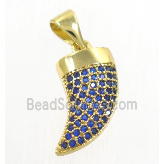 copper horn pendant paved blue zircon, gold plated