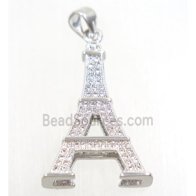 copper Eiffel Tower pendant paved zircon, platinum plated