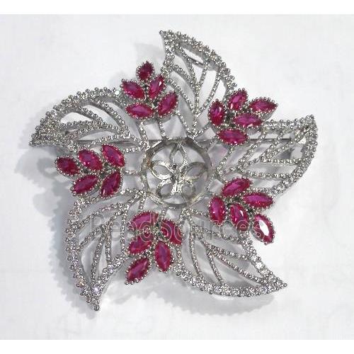 copper flower brooch paved zircon, platinum plated