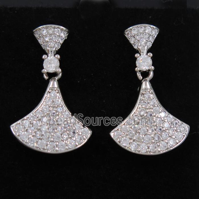 copper fan earring paved zircon, platinum plated