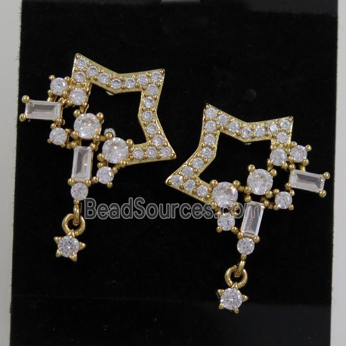 copper earring paved zircon, gold plated