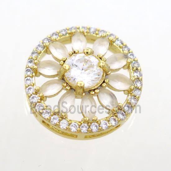 copper sunflower connector pave white zircon, gold plated