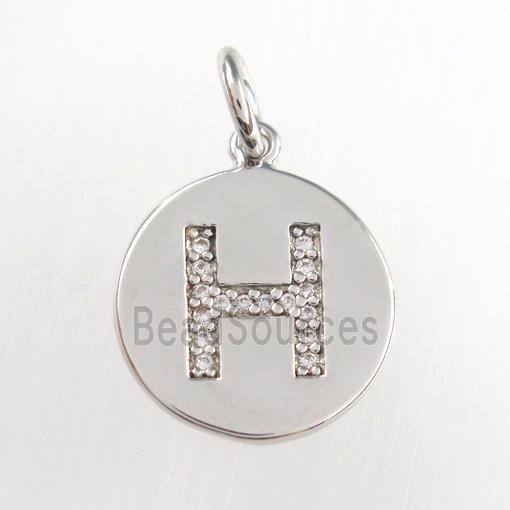 copper pendant paved zircon, letter H, platinum plated