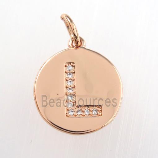 copper pendant paved zircon, letter L, rose gold