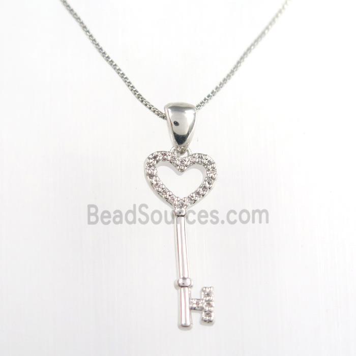 copper necklace paved zircon, key, platinum plated