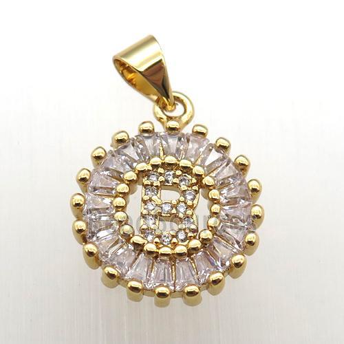 copper letter-B pendant paved zircon, gold plated