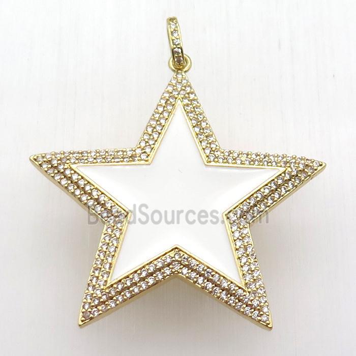 copper star pendant paved zircon, white enameling, gold plated