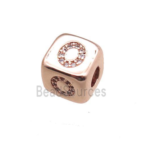 copper letter-O beads paved zircon, cube, rose gold