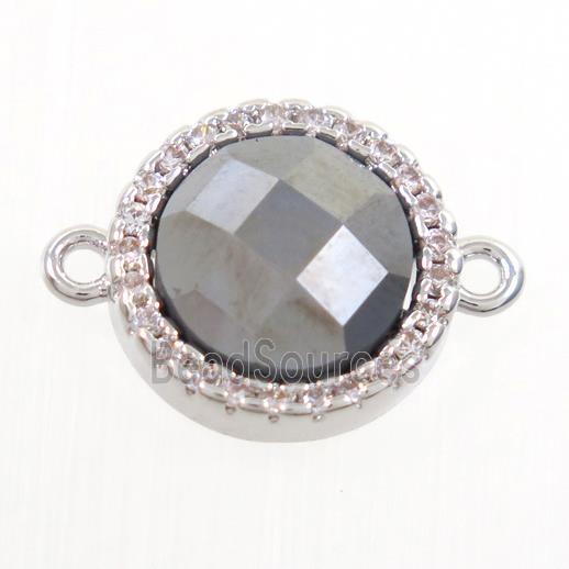 Terahertz stone connector paved zircon, circle, platinum plated