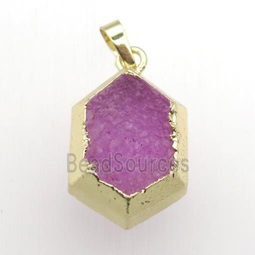 hotpink Druzy Quartz hexagon pendant, gold plated