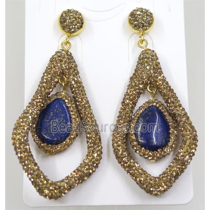 blue lapis earring pave yellow rhinestone