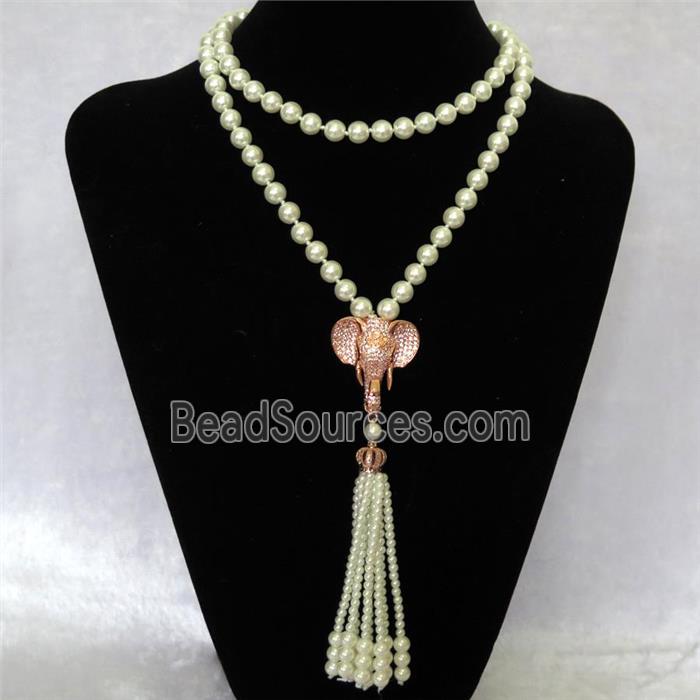 white Pearlized Glass Necklace with copper elephant pendant pave zircon, round