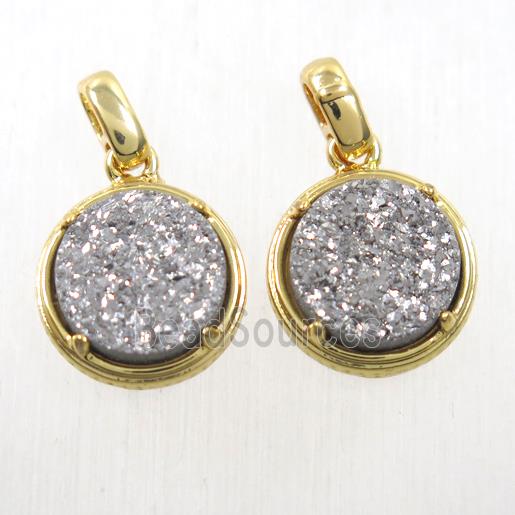 Silver Druzy Agate pendant, flat-round, gold plated