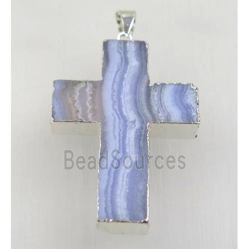 blue lace agate cross pendant, 925 silver plated