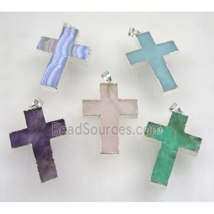 mix gemstone cross pendant, 925 silver plated