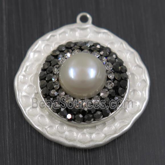 white Pearl pendant pave rhinestone, copper, flat round, duck silver plated