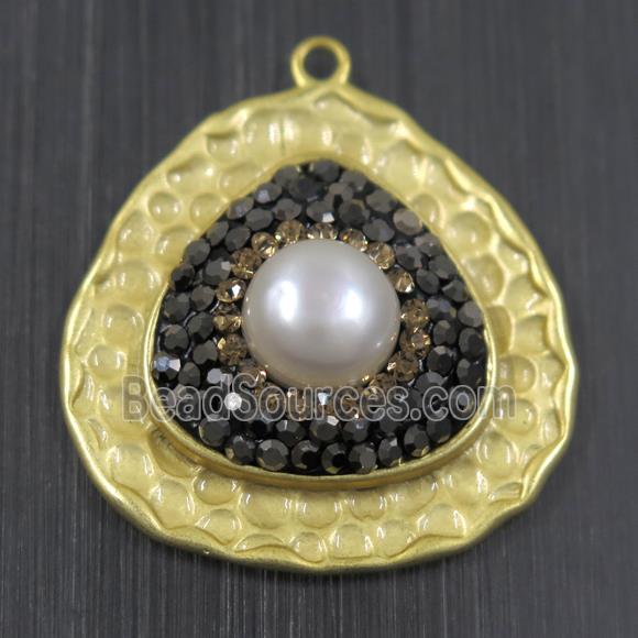 white Pearl pendant pave rhinestone, copper, teardrop, duck silver plated