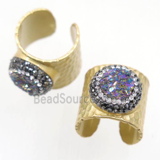 rainbow Druzy Quartz Copper Ring pave rhinestone matte gold