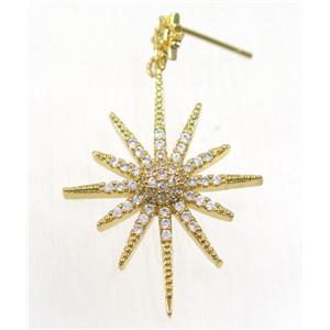 copper northstar earring studs paved zircon, gold plated, approx 24-32mm