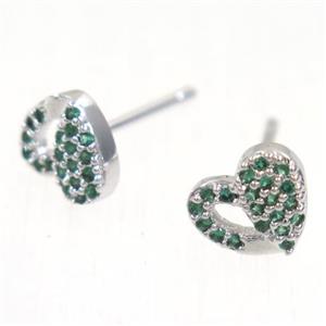 copper Heart earring studs paved zircon, platinum plated, approx 7-8mm
