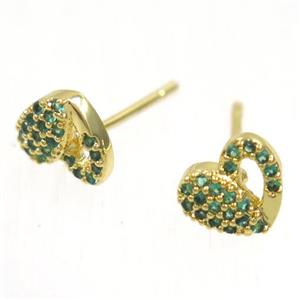 copper Heart earring studs paved zircon, gold plated, approx 7-8mm