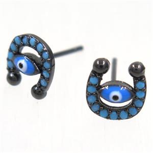copper evil eye earring studs paved zircon, U-shape, black plated, approx 8-8.5mm