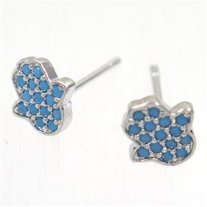 copper hamsahand earring studs paved zircon, platinum plated, approx 8.5mm