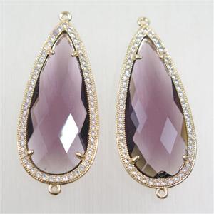 copper teardrop connector paved zircon with purple crystal glass, gold plated, approx 18-40mm