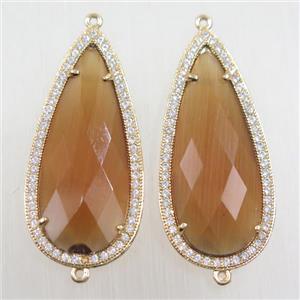 copper teardrop connector paved zircon with brown crystal glass, gold plated, approx 18-40mm