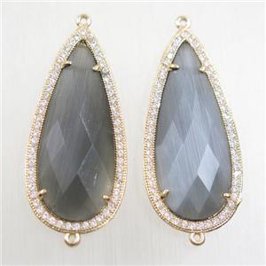 copper teardrop connector paved zircon with gray crystal glass, gold plated, approx 18-40mm