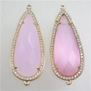 copper teardrop connector paved zircon with pink crystal glass, gold plated, approx 18-40mm