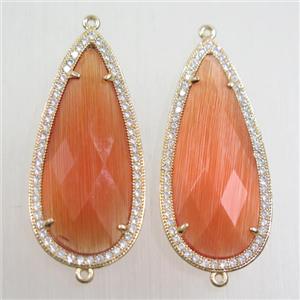 copper teardrop connector paved zircon with orange crystal glass, gold plated, approx 18-40mm