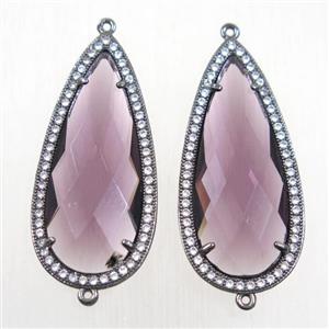 copper teardrop connector paved zircon with purple crystal glass, black plated, approx 18-40mm