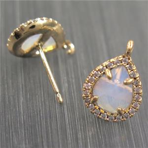 copper teardrop earring studs paved zircon with white opalite crystal glass, gold plated, approx 10-12mm
