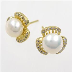 copper earring studs paved zircon, pearl, approx 12mm