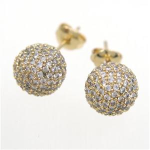 copper earring studs paved zircon, round, gold plated, approx 10mm dia